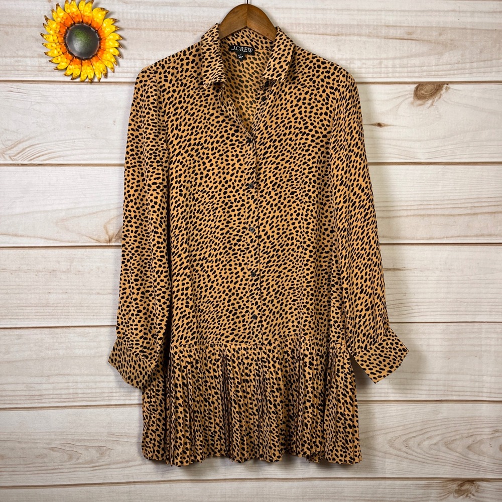 J.Crew Womens Leopard Print Pleated Drop Waist Shirt Dress Tan Black Small S